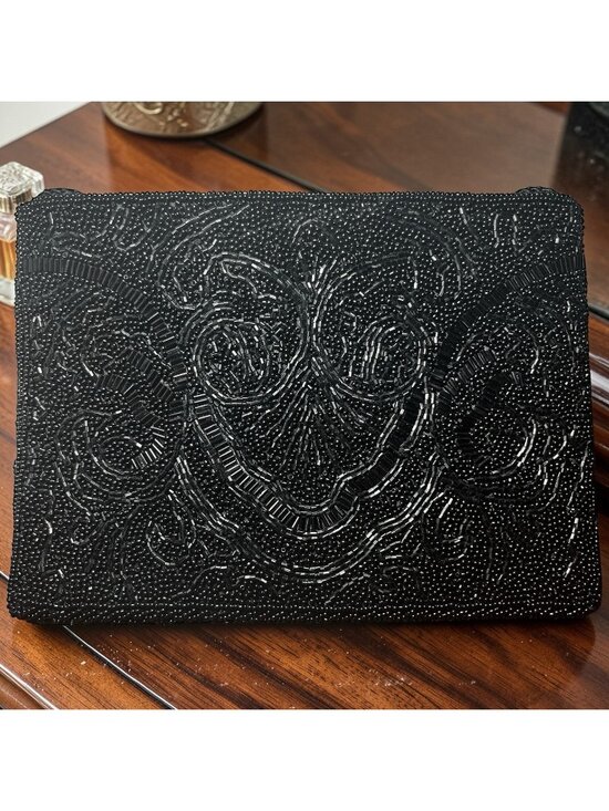 Partners Handbags - Partners Beaded Glass Acrylic Style Evening Clutch Floral Purse Rich Black